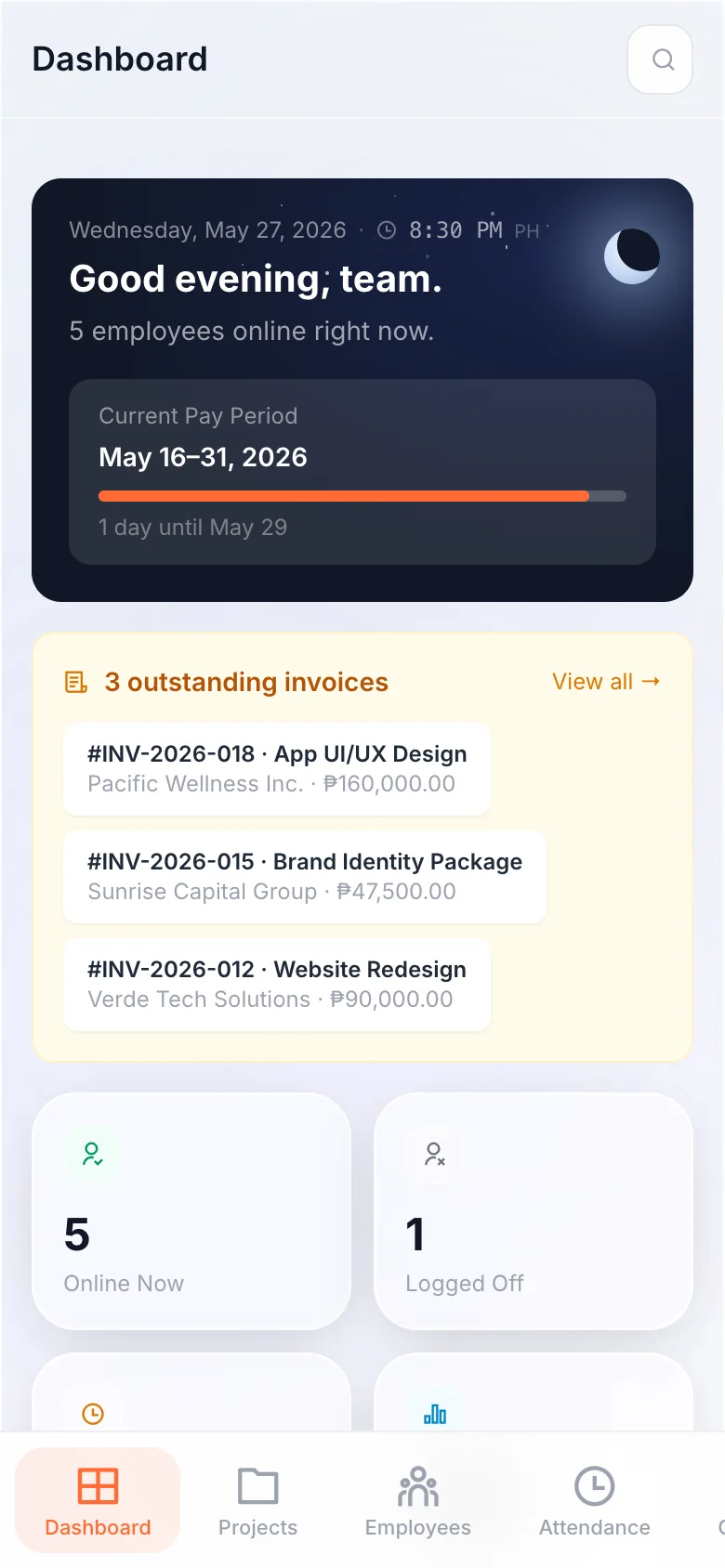 Sentro OS Dashboard screen on a phone