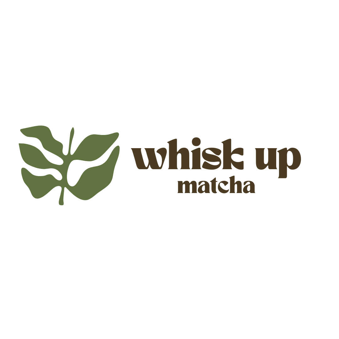 Whisk Up Matcha horizontal logo lockup in forest green